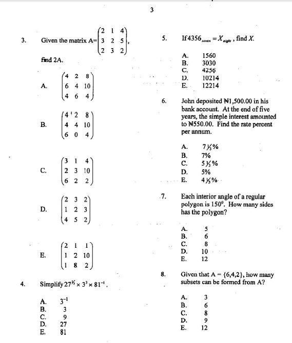 NECO Mathematics Questions